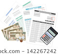 Cash, calculator, and forms/supporting documents: an image of money and accounting. 142267242