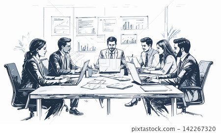 Business team collaborating in a meeting analyzing data Business team collaborating in a meeting analyzing data 142267320