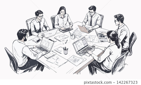 Business team collaborating on project during meeting Business team collaborating on project during meeting 142267323