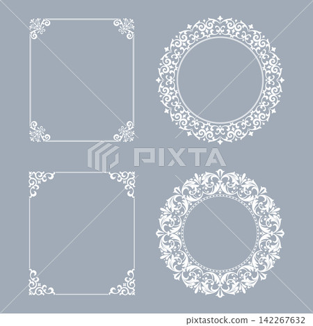 Set of decorative frames Elegant vector element for design in Eastern style, place for text. Floral gray and white frames. Lace illustration for invitations and greeting cards 142267632