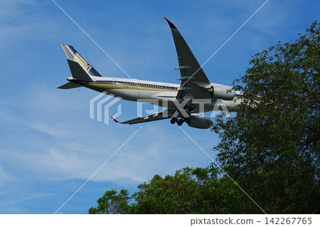 Airplane Flying Through Blue Sky Aircraft Aviation 142267765