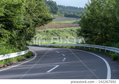 夏季的妻戀村,蜿蜒的道路和高原景色,四周綠樹環繞。 夏季的妻戀村,蜿蜒的道路和高原景色,四周綠樹環繞。 142267892
