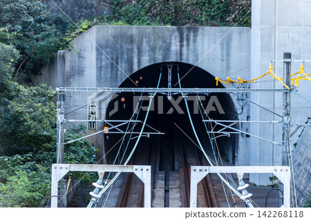 混凝土鐵路隧道入口和穿過山體的架空電線桿 混凝土鐵路隧道入口和穿過山體的架空電線桿 142268118
