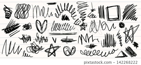 Hand drawn black scratches, squiggly pen scribbles 142268222