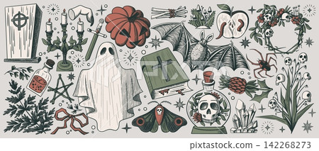 Sketch collection of spooky Halloween items Sketch collection of spooky Halloween items 142268273