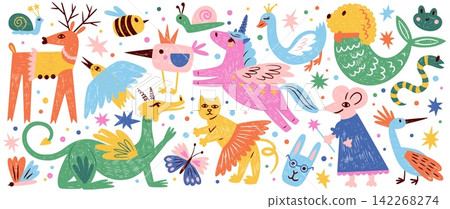 Hand drawn crayon unicorn and fairy castle Hand drawn crayon unicorn and fairy castle 142268274
