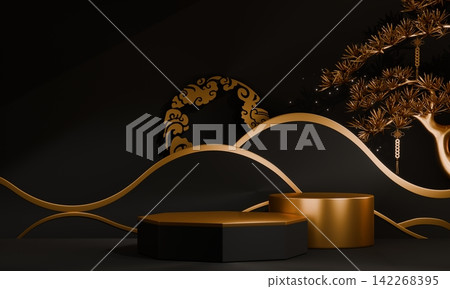 Dark black concept style ,Podium display minimal geometric abstract and decoration chinese style.3D rendering Dark black concept style ,Podium display minimal geometric abstract and decoration chinese style.3D rendering 142268395