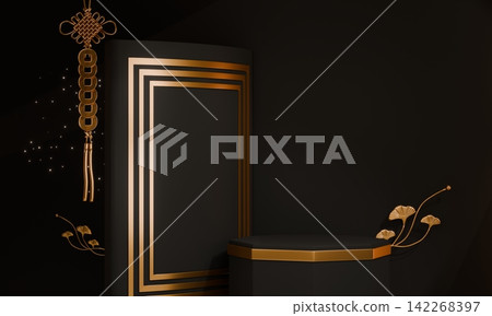 Dark black concept style ,Podium display minimal geometric abstract and decoration chinese style.3D rendering Dark black concept style ,Podium display minimal geometric abstract and decoration chinese style.3D rendering 142268397