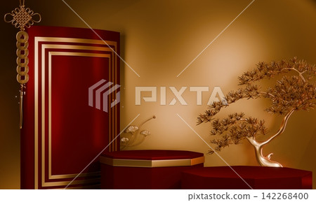 Chinese red display stand ,stage podium chinese for present products.3D rendering Chinese red display stand ,stage podium chinese for present products.3D rendering 142268400