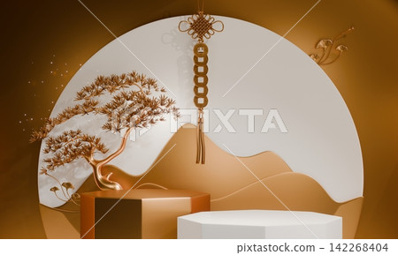 Golden Podium display minimal geometric abstract and decoration chinese style.3D rendering Golden Podium display minimal geometric abstract and decoration chinese style.3D rendering 142268404
