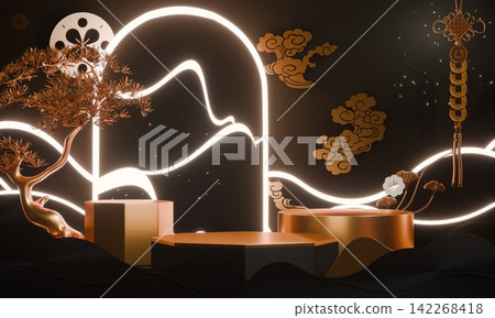 Dark black concept style ,Podium display minimal geometric abstract and decoration chinese style.3D rendering Dark black concept style ,Podium display minimal geometric abstract and decoration chinese style.3D rendering 142268418