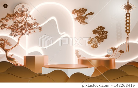 Golden Podium display minimal geometric abstract and decoration chinese style.3D rendering 142268419