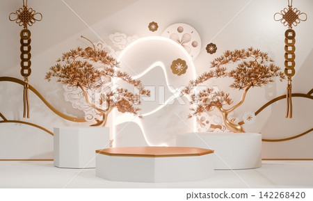 chinese display stand white for cosmetic product on background and decoration chinese style. 3d rendering 142268420
