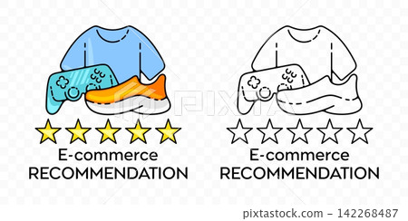 Modern stylized vector illustration representing online shopping e-commerce recommendation algorithm, featuring digital store concept with retail goods, fashion apparel, footwear, and consumer electro Modern stylized vector illustration representing online shopping e-commerce recommendation algorithm, featuring digital store concept with retail goods, fashion apparel, footwear, and consumer electro 142268487