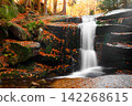 Waterfall. Autumn landscape with waterfall in the mountain forest of the Karkonosze National Park in Poland, Europe 142268615