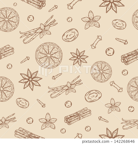 Handdrawn winter spice and citrus seamless pattern Handdrawn winter spice and citrus seamless pattern 142268646