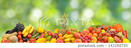 Vibrant Collection of Raw Fresh Vegetables and Fruits Banner Set Over Blurry Green Leaves Background Vibrant Collection of Raw Fresh Vegetables and Fruits Banner Set Over Blurry Green Leaves Background 142268785
