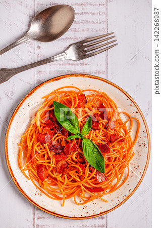 Gluten-free pasta, lentil spaghetti with sauce Gluten-free pasta, lentil spaghetti with sauce 142268987