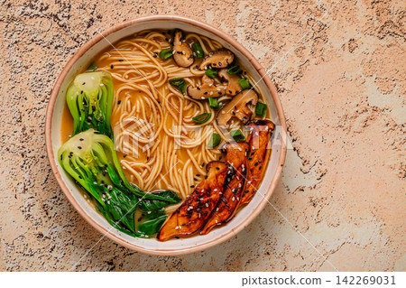 Vegan miso ramen noodle soup with eryngii and shiitake mushrooms, pak choi cabbage Vegan miso ramen noodle soup with eryngii and shiitake mushrooms, pak choi cabbage 142269031
