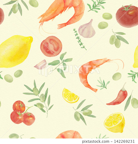 Mediterranean watercolor food seamless pattern 142269231