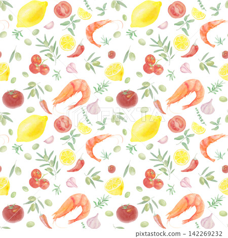 Mediterranean seafood watercolor seamless pattern Mediterranean seafood watercolor seamless pattern 142269232