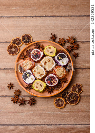 Turkish delight or lokum is a traditional Eastern sweet made with nuts. Turkish delight, lokum Turkish delight or lokum is a traditional Eastern sweet made with nuts. Turkish delight, lokum 142269521