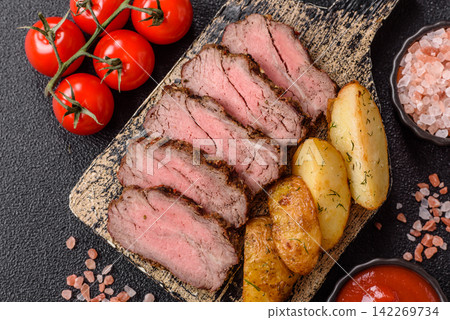 Grilled beef or pork steak seasoned with salt and allspice. Grilled steak Grilled beef or pork steak seasoned with salt and allspice. Grilled steak 142269734