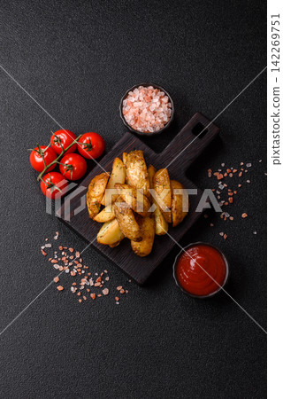 Fried potato wedges seasoned with salt and spices, ready for dinner table. Fried potato wedges Fried potato wedges seasoned with salt and spices, ready for dinner table. Fried potato wedges 142269751