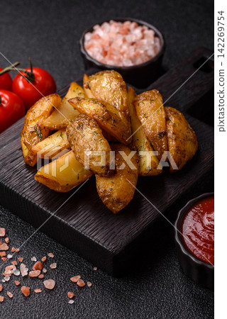 Fried potato wedges seasoned with salt and spices, ready for dinner table. Fried potato wedges Fried potato wedges seasoned with salt and spices, ready for dinner table. Fried potato wedges 142269754