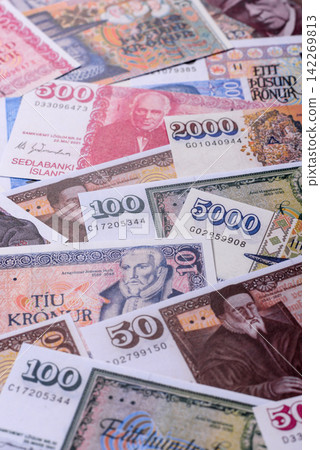 Iceland, Icelandic paper banknotes krona for settlements and financial transactions. Icelandic krona Iceland, Icelandic paper banknotes krona for settlements and financial transactions. Icelandic krona 142269813