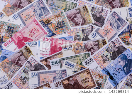 Iceland, Icelandic paper banknotes krona for settlements and financial transactions. Icelandic krona Iceland, Icelandic paper banknotes krona for settlements and financial transactions. Icelandic krona 142269814