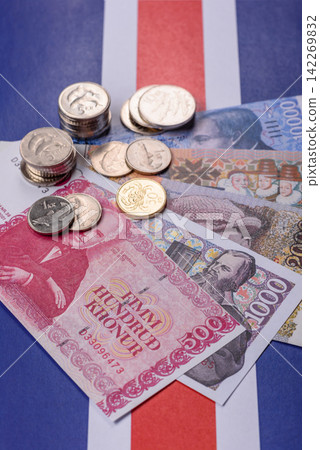 Iceland, Icelandic paper banknotes krona for settlements and financial transactions. Icelandic krona Iceland, Icelandic paper banknotes krona for settlements and financial transactions. Icelandic krona 142269832