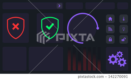 Dark purple cyber security and smart home UI elements kit with protection shields and IoT settings dashboard Dark purple cyber security and smart home UI elements kit with protection shields and IoT settings dashboard 142270091