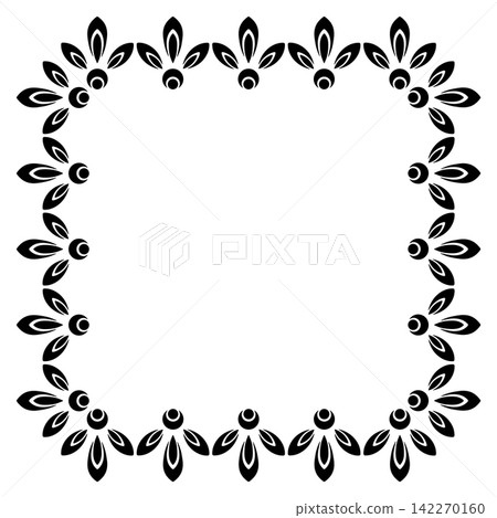 Square frame . Vector stencils with abstract flower pattern. Black simple flowers on white background. Monochrome plant design element. Floral design for laser cut and print Square frame . Vector stencils with abstract flower pattern. Black simple flowers on white background. Monochrome plant design element. Floral design for laser cut and print 142270160