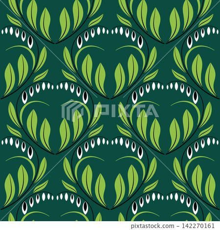 Green flowers on dark green background. Flowers seamless pattern in vintage style. Elegance antique ornament in shades of green Green flowers on dark green background. Flowers seamless pattern in vintage style. Elegance antique ornament in shades of green 142270161