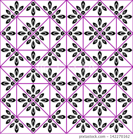 Abstract floral geometry seamless pattern. Black purple square ornament on white background. Simple flowers motif. Monochrome plant background Abstract floral geometry seamless pattern. Black purple square ornament on white background. Simple flowers motif. Monochrome plant background 142270162