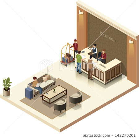 Hotel reception lobby with guests checking in Hotel reception lobby with guests checking in 142270201