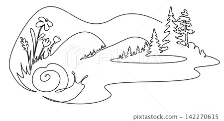 Rural landscape with Snail, Lake, woods hand drawn silhouette. Country nature panoramic sketch. Rural landscape with Snail, Lake, woods hand drawn silhouette. Country nature panoramic sketch. 142270615