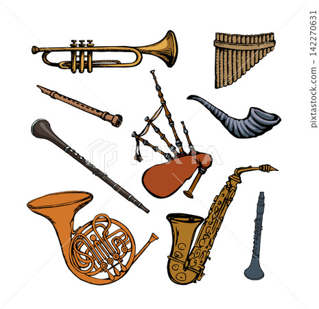 Vector drawing. Wind musical instruments Vector drawing. Wind musical instruments 142270631