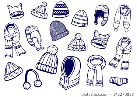 Warm doodle cosy Set Winter Knitted Scarfs and Hats, vector illustration Warm doodle cosy Set Winter Knitted Scarfs and Hats, vector illustration 142270838