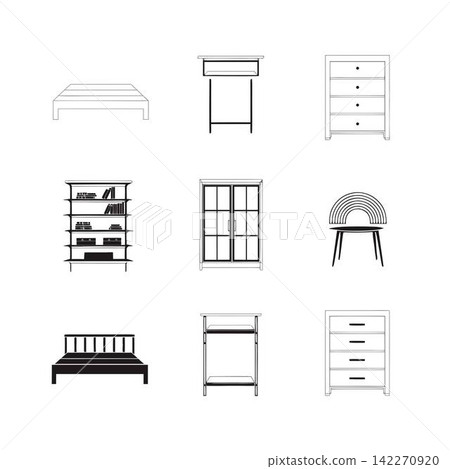 This image shows a set depicting various pieces of home furniture, including a bed, a bookshelf, a wardrobe, and dressers This image shows a set depicting various pieces of home furniture, including a bed, a bookshelf, a wardrobe, and dressers 142270920