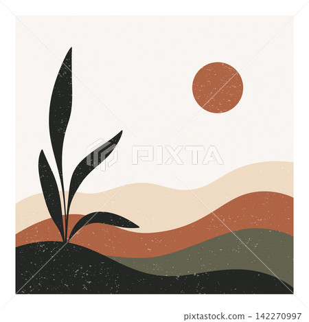 Abstract Landscape, Vector Illustration. Minimal Boho Landscape with Plant, Sun, Layered Hills. Mid Century Modern Landscape Wall Art. Square Botanical Illustration 142270997