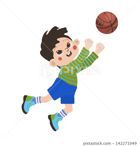 Happy boy playing basketball isolated on white background for kids sport activity and school design Happy boy playing basketball isolated on white background for kids sport activity and school design 142271049