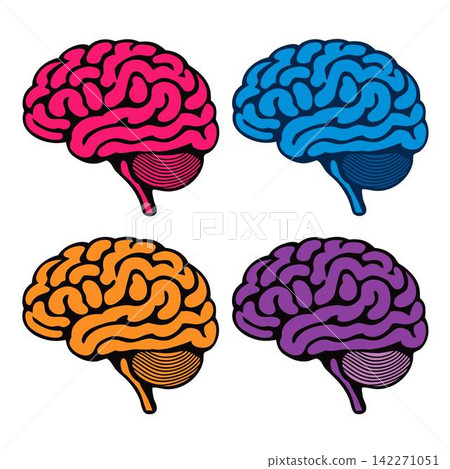 The image shows four stylized vector illustrations of the human brain in side view The image shows four stylized vector illustrations of the human brain in side view 142271051