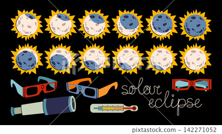 Solar eclipse phases illustrations of different stages of a partial and total solar eclipse, solar observation glasses, telescope, thermometer. Educational astronomy collection for school projects. Solar eclipse phases illustrations of different stages of a partial and total solar eclipse, solar observation glasses, telescope, thermometer. Educational astronomy collection for school projects. 142271052