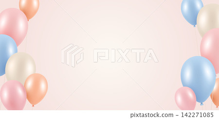 Balloon Border Background, 3d Vector Illustration. Pastel Color Festive Corner Frame with Pink Blue and Beige Balloons for Birthday Party Banner, Invitation, Baby Shower, Celebration 142271085
