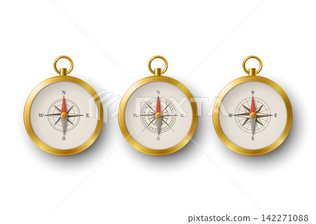 Compass Icon Set, Vector Illustration. 3d Golden Magnetic Compass Icons Isolated. Silver Compass Collection. Direction and Travel Symbol Design Compass Icon Set, Vector Illustration. 3d Golden Magnetic Compass Icons Isolated. Silver Compass Collection. Direction and Travel Symbol Design 142271088