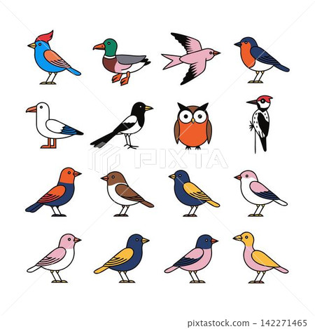 The image shows a collection of birds representing various species, such as the cardinal, mallard, swallow, bullfinch, seagull, magpie, owl, and woodpecker The image shows a collection of birds representing various species, such as the cardinal, mallard, swallow, bullfinch, seagull, magpie, owl, and woodpecker 142271465