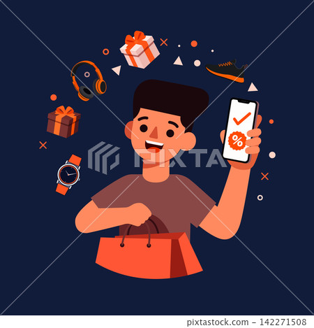 Happy man holding smartphone and shopping bag with floating purchase items flat vector illustration Happy man holding smartphone and shopping bag with floating purchase items flat vector illustration 142271508