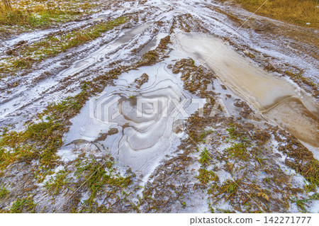 Overhead view of frozen muddy puddles in grassy field with icy patterns and tire tracks Overhead view of frozen muddy puddles in grassy field with icy patterns and tire tracks 142271777